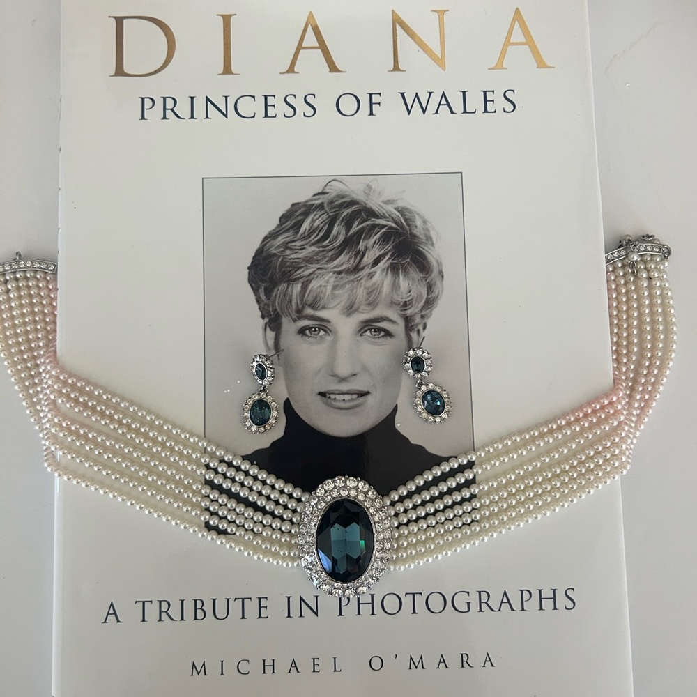 Pearl and Sapphire Pendant and Earrings with US 1997 ©️ Hardcover Diana Photos